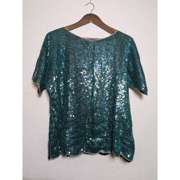 Vintage Blue Green Sequin Silk Top Size Medium Party Y2K Formal Beaded Gatsby - Picture 7 of 10